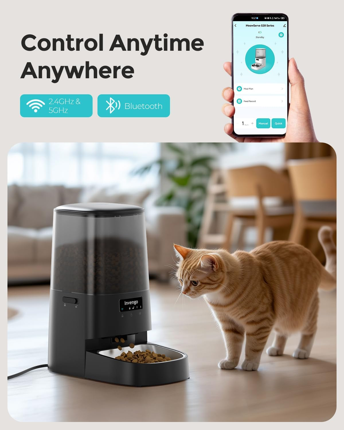 Cat Feeder Automatic - Cat Food Dispenser Meowserve S20, Auto Dog Feeder with Stainless Steel Bowl, 5L Pet Feeder with Patented Anti-Jam Port, App, Dual Lock Lid, Dual-Band Wifi & Power Supply